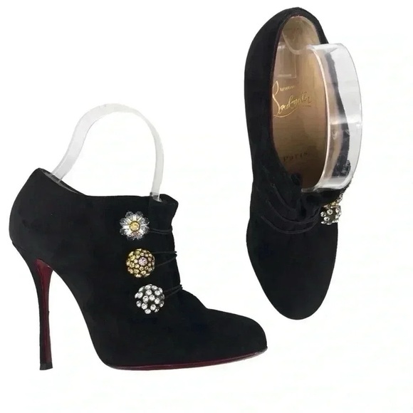 Christian Louboutin Bootini MJ 100mm Black Suede Crystal Button Ankle Boots 37 - Picture 3 of 16